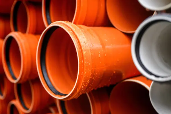Plastic Water Pipes Stacked Outdoor Rainy Day Selective Focus — Stock Photo, Image