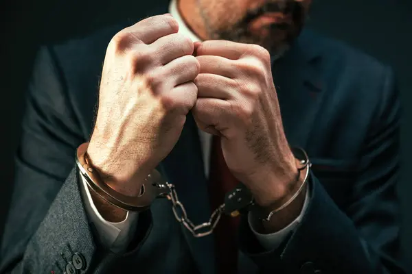Handcuffed Arrested Businessman Closeup Male Business Suit Handcuffs Selective Focus — Stock Photo, Image