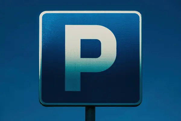 Parking Area Blue Sign White Letter Illuminated Warm Sunset Light Stock Photo