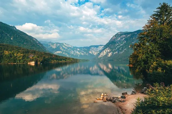 Озеро Бохинь Окружено Горами Юлиана Альп Триглавском Национальном Парке Словении Стоковая Картинка