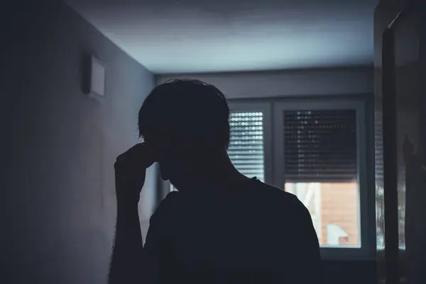 Silhouette Depressed Sad Man Dark Room Window Shutters Pulled Selective — Stock Photo, Image