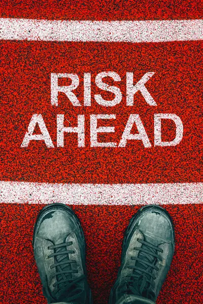 Risk Ahead Concept Male Boots Text Ground Top View — Stock Photo, Image