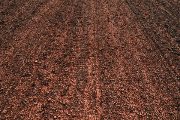 Textur Des Braunen Landwirtschaftlichen Bodens Bereit Für Die Bodenbearbeitung Abnehmende lizenzfreie Stockbilder