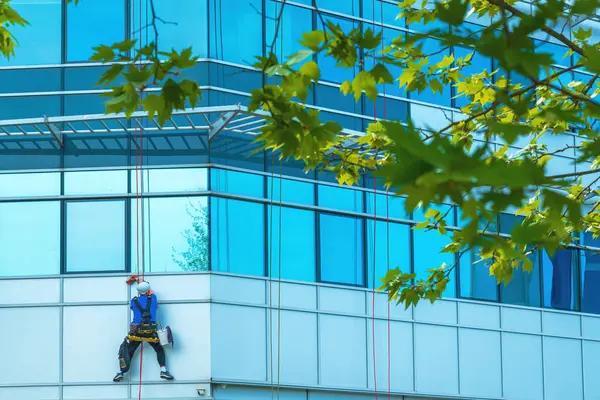 Window Washer Cleaning Facade Modern Office Building Selective Focus Royalty Free Stock Images
