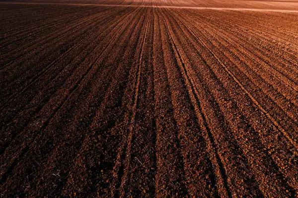 Aerial View Ploughed Agricultural Field Ridge Furrow Pattern Drone Pov — Stock Photo, Image