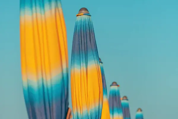 Folded Colorful Beach Umbrella Parasols Adriatic Sea Coast Sunny Summer Stock Photo