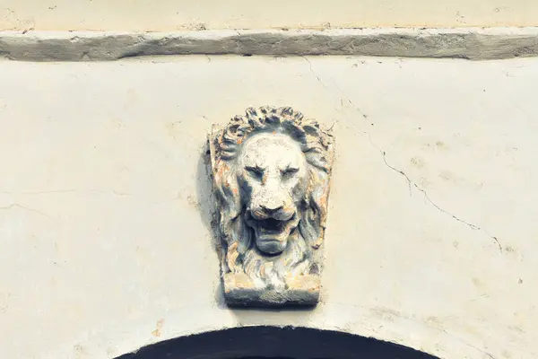 Löwenkopf Betonform Gegossenes Ornament Über Dem Hauseingang Stockbild