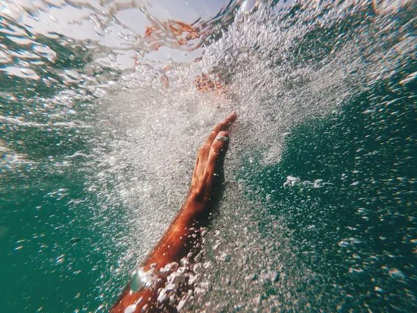 Man Drowning Deep Blue Sea Close Hand Reaching Ocean Surface Stock Photo