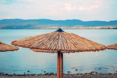 Reed sun umbrellas at the beach on Lake Dojran in North Macedonia, selective focus clipart