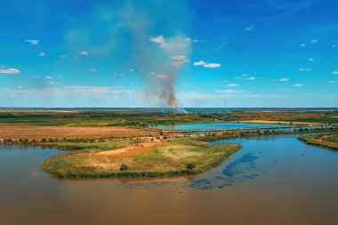 Kırsal alanda çalı yangını ya da orman yangını, hava manzaralı insansız hava aracı pov