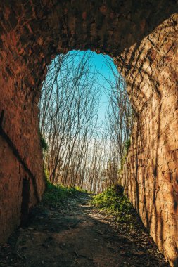 Sırbistan 'ın Novi Sad kentindeki Petrovaradin kalesine tuğladan yapılmış kemer geçidi tüneli. Seçici odak.