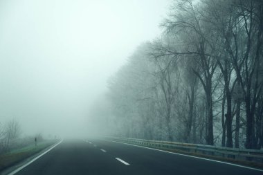 Sisli kış sabahında boş kırsal yol, seçici odak