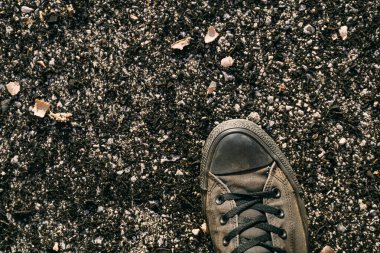 Asfalt yolda terk edilmiş eski siyah spor ayakkabı manzarası. Kopyalama alanı dahil.