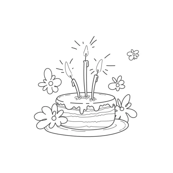 透明な背景に隔離された3本のろうそくと花の誕生日ケーキ ベクトルイラスト — ストックベクタ