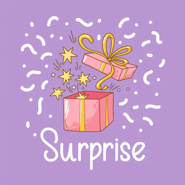 Überraschungsgeschenkbox Mit Gelber Schleife Und Sternen Geburtstagsgrußkarte Vektorillustration Cartoon Stil — Stockvektor
