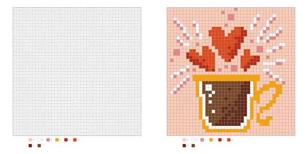 子供の着色ページ 紅茶と赤のハートのカップで着色するピクセル 数によって色 ピクセルカラーブック 数えられた正方形 子供のためのゲーム ベクトルイラスト — ストックベクタ