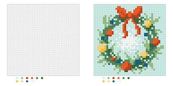 子供の着色ページ 弓とボールで装飾されたクリスマスリースで着色ピクセル 数によって色 ピクセルカラーブック 数えられた正方形 子供のためのゲーム ベクトルイラスト — ストックベクタ