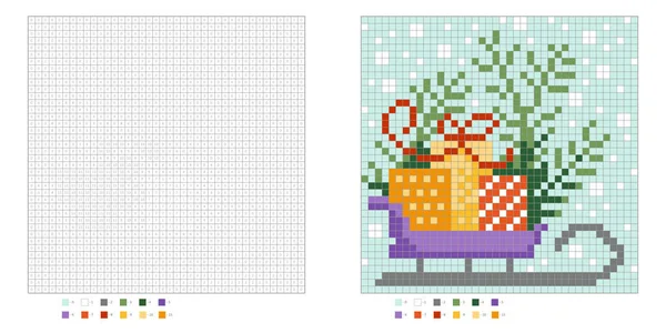圣诞老人雪橇上有礼物和圣诞树 颜色以数字表示 Pixel着色书 数字正方形 给孩子玩的游戏矢量说明 — 图库矢量图片#