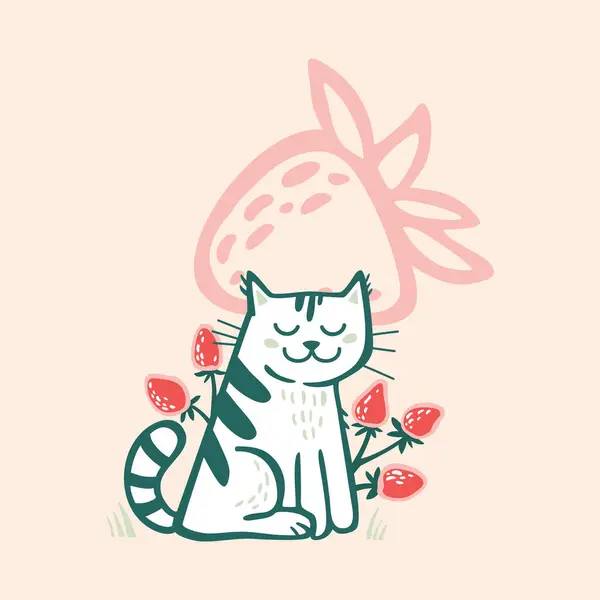 Zeichnen Vektor Illustration Charakter Niedliche Katze Mit Roter Erdbeere Doodle — Stockvektor