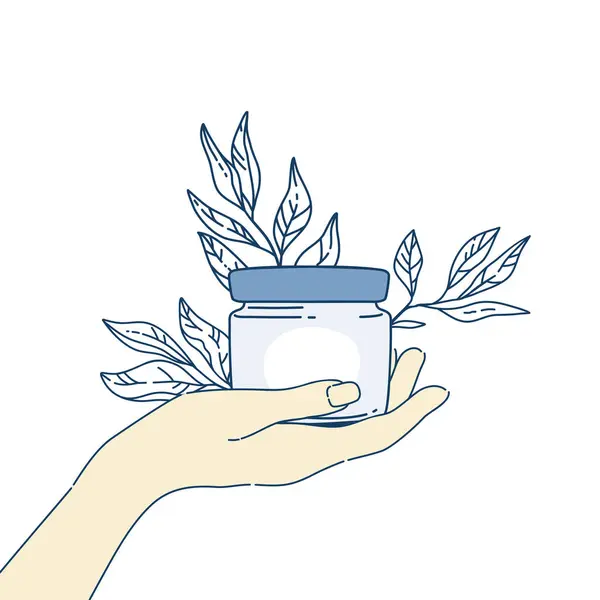 クリームを握る女性の手 スキンケア製品 ハンド ボディクリーム 毎日のスキンケアルーチンと衛生コンセプト ラインベクトルイラスト — ストックベクタ