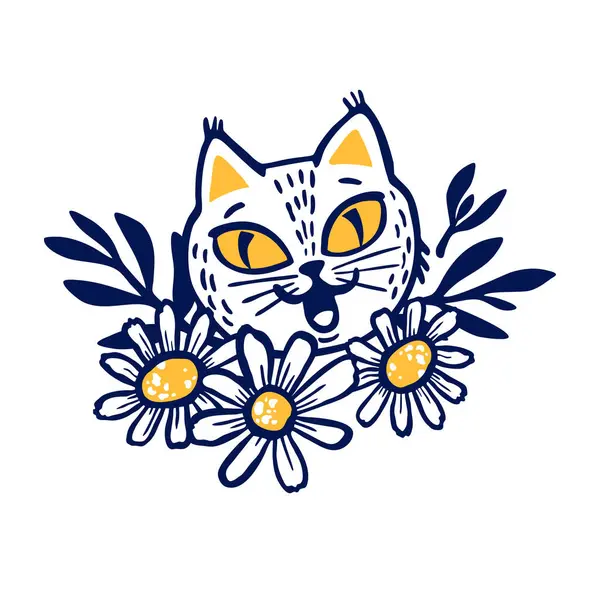 面白い漫画の猫は春の花の頭 ラッピング Tシャツのための面白い印刷物 白い背景に孤立した ベクトルイラスト — ストックベクタ