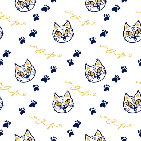 Nahtloses Muster Mit Katzen Und Pfoten Auf Weißem Hintergrund Design — Stockvektor