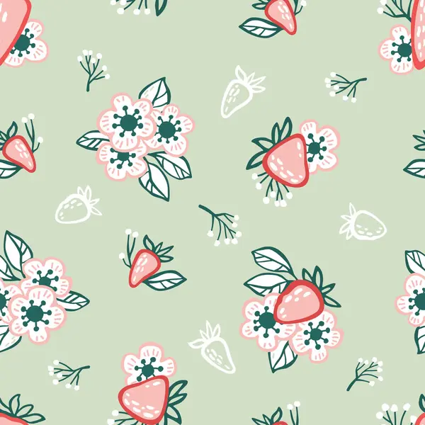 Handgezeichnetes Nahtloses Muster Mit Roten Erdbeeren Und Weißen Blumen Auf — Stockvektor