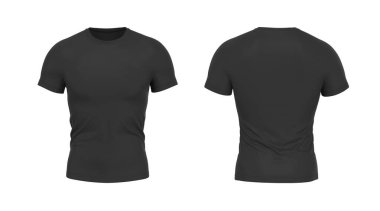 Black Mens t shirt with round neck. Front and rear view. 3d rendering. Fitted T-shirt in thermal fabric. high quality 3d illustration. Fitness, sports t-shirt.
