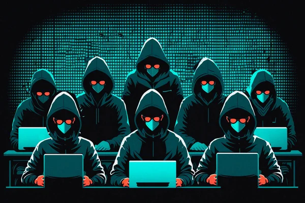 Dangerous anonymous hackers are using laptops for identity theft, internet, cybercrime. Cyber attack, destruction and malware concept. Digital binary code on background. Digital illustrations.