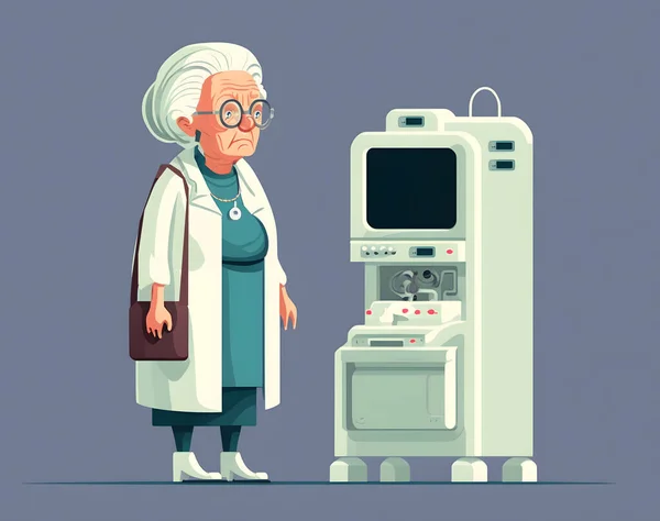 An old woman stands in a medical office, came for examination. Digital illustration.