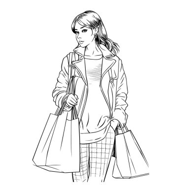 Elinde paketlerle yürüyen güzel bir kadın. Güzel genç kızlar. Moda Kızları Çizimi
