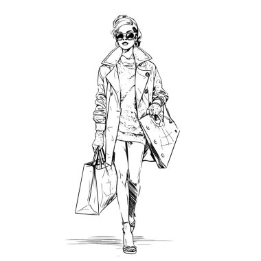 Güneş gözlüklü güzel bir kadın ellerinde paketlerle yürüyor. Moda Kızları Çizimi