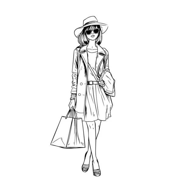 戴着帽子的年轻貌美的姑娘 时尚女孩素描 街头风格 — 图库矢量图片