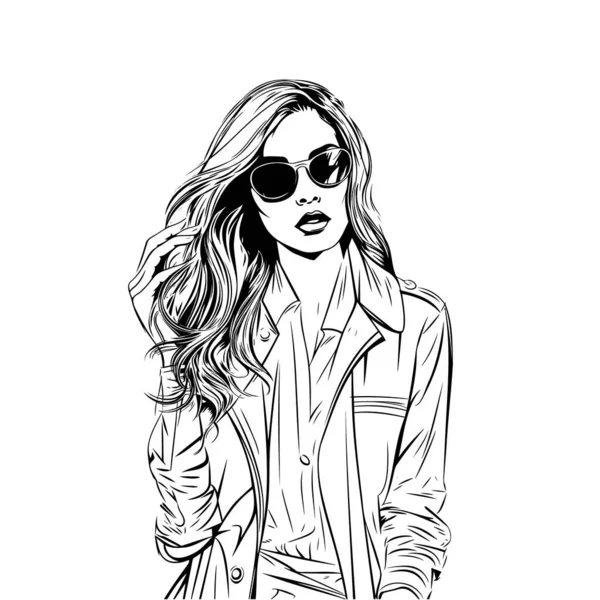 Schöne Frau Mit Sonnenbrille Skizze Mode Illustration Mode Mädchen Sketch — Stockvektor