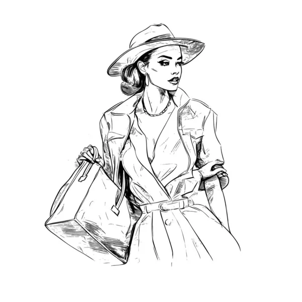Chicas Guapas Con Sombrero Chicas Moda Sketch Estilo Calle — Archivo Imágenes Vectoriales