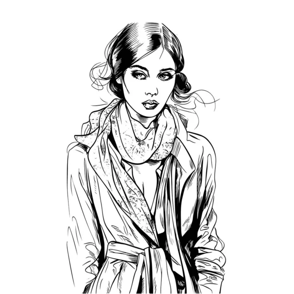 Hübsche Junge Mädchen Mode Mädchen Sketch Junge Frau Regenmantel Modeillustration — Stockvektor