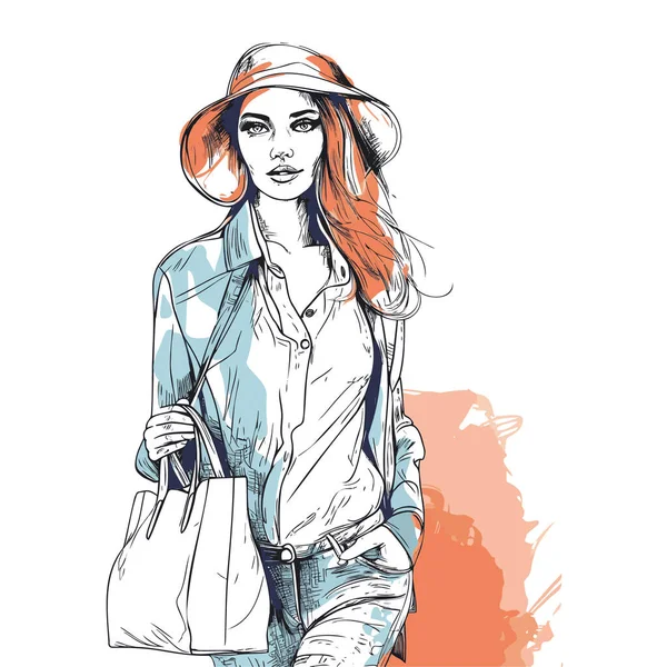 Hübsche Junge Mädchen Mit Hut Mode Mädchen Sketch Straßenstil — Stockvektor