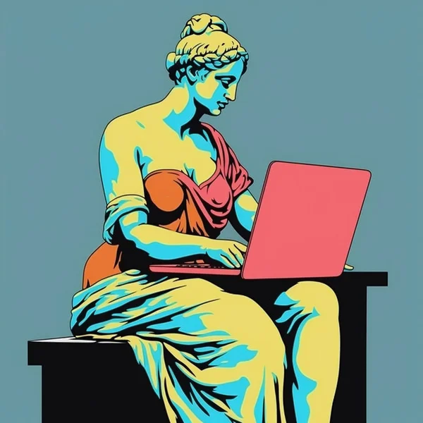 Venus de Milo working on a laptop. Creative illustration combination of art and modern technology. High quality photo