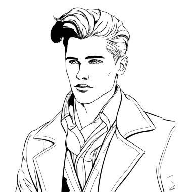 Moda kıyafetleri içinde şık yakışıklı bir adam. Moda adamı. El çizimi erkek modeli. Robot resim. Vektör illüstrasyonu. 