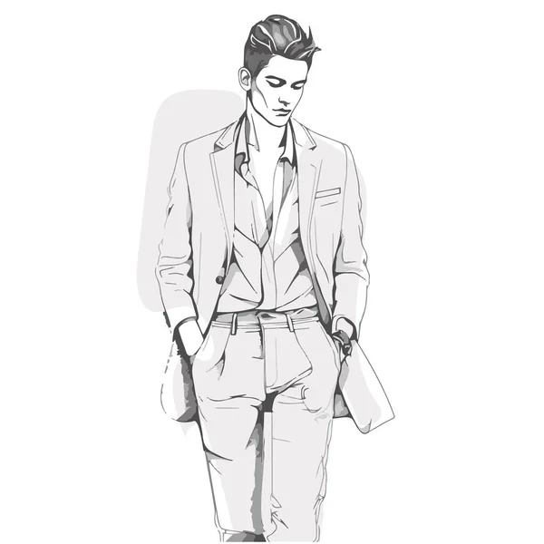 ファッションの服を着たスタイリッシュなハンサムな男 ファッションマンだ 手描きの男性モデル スケッチ ベクターイラスト — ストックベクタ