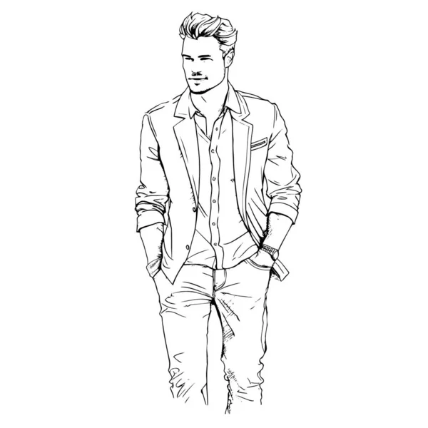 Stylischer Gutaussehender Mann Modischer Kleidung Modemann Handgezeichnetes Männliches Modell Skizze — Stockvektor