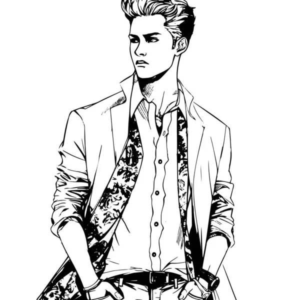 Stylischer Gutaussehender Mann Modischer Kleidung Modemann Handgezeichnetes Männliches Modell Skizze Stockillustration