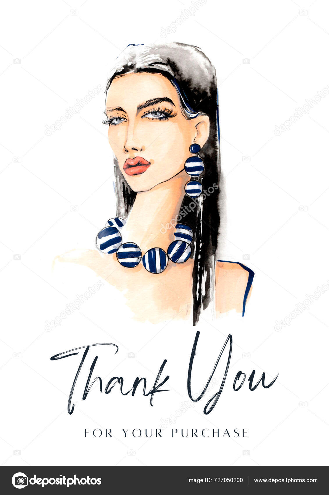 Thank You Your Purchase Card Watercolor Woman Fashion Illustration
