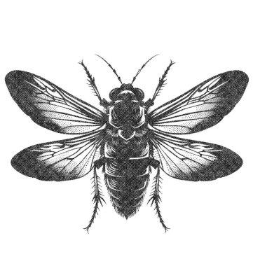 Şeffaf kanatları olan narin bir yusufçuk. Eski baskı tarzıyla resmedilmiş. Detaylı tasarım beyaz bir arkaplana karşı duruyor, güzelliği retro bir dokunuşla birleştiriyor..