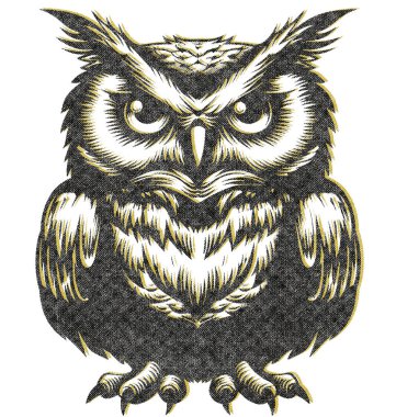 Detailed owl illustration with Risograph effect, Overprint style, and retro texture. Perfect for posters, prints, magazines, or creative projects inspired by vintage aesthetics. clipart