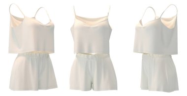 Bir kadının beyaz ipek geceliğinin ve şortunun yüksek kalite 3D çizimi. Moda görselleştirme ve markalaştırma için ideal..