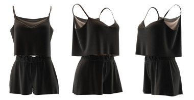 Siyah ipek geceliğin ve şortun yüksek kalite 3D tasarımı. Moda görselleştirme ve e-ticaret için mükemmel..