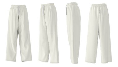 Moda tasarımı ve giysi sergisi için ideal beyaz unisex pijama pantolonu 3D modeli..