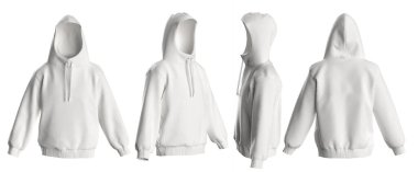 Blank white mens hoodie mockup, different views, 3d rendering. Empty cotton hooded sweat-shirt mock up, isolated. 