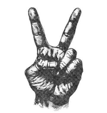 Beyaz arka planda Risograph etkisi, Overprint tarzı ve retro dokusunu içeren bir Barış İşareti V el hareketi çizimi. Posterler, baskılar ve klasik titreşimli yaratıcı projeler için ideal..